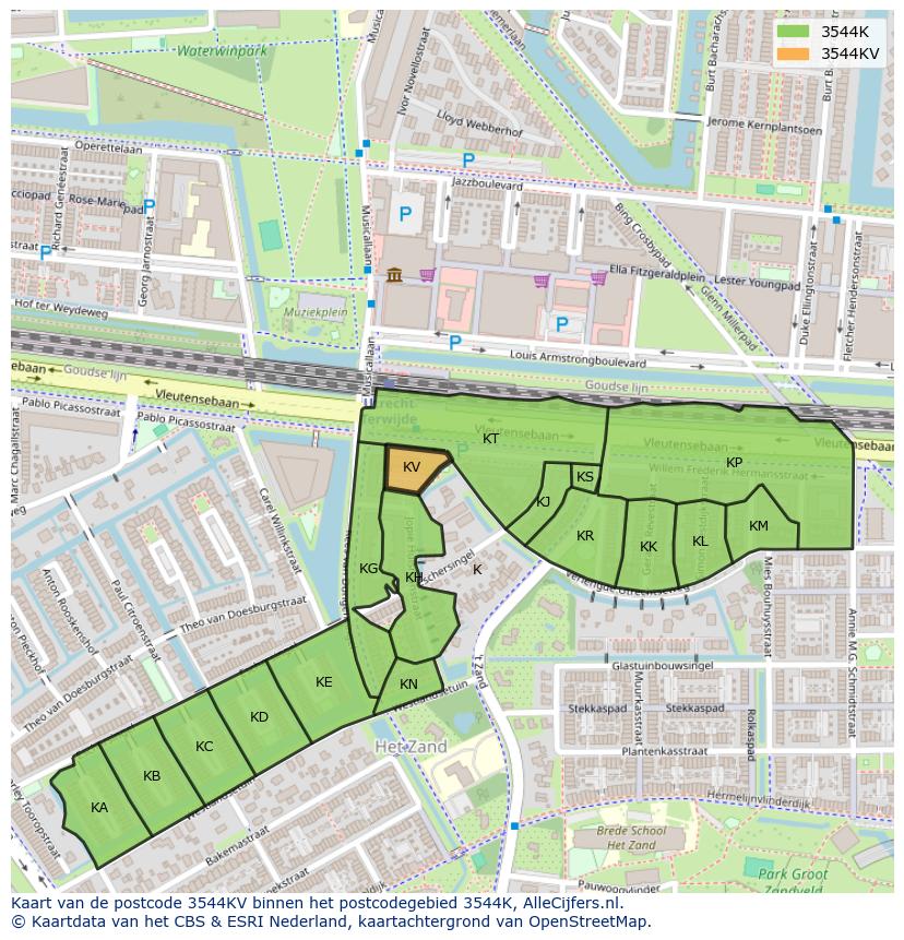 Afbeelding van het postcodegebied 3544 KV op de kaart.