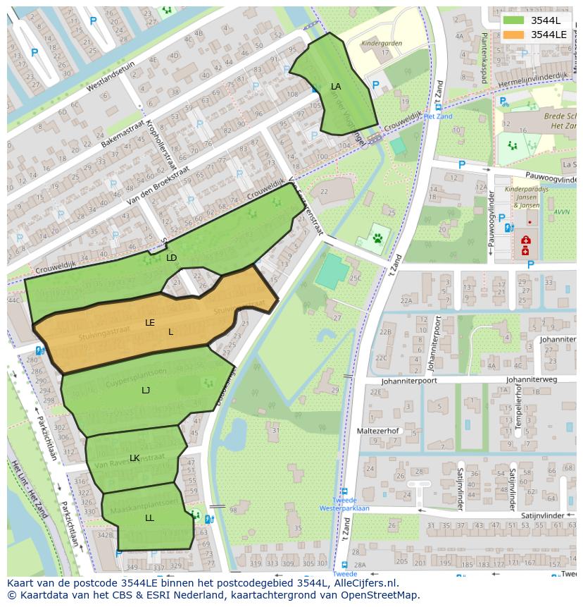 Afbeelding van het postcodegebied 3544 LE op de kaart.