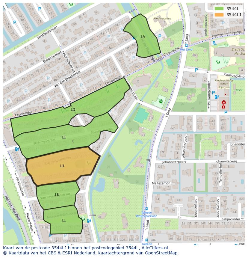 Afbeelding van het postcodegebied 3544 LJ op de kaart.