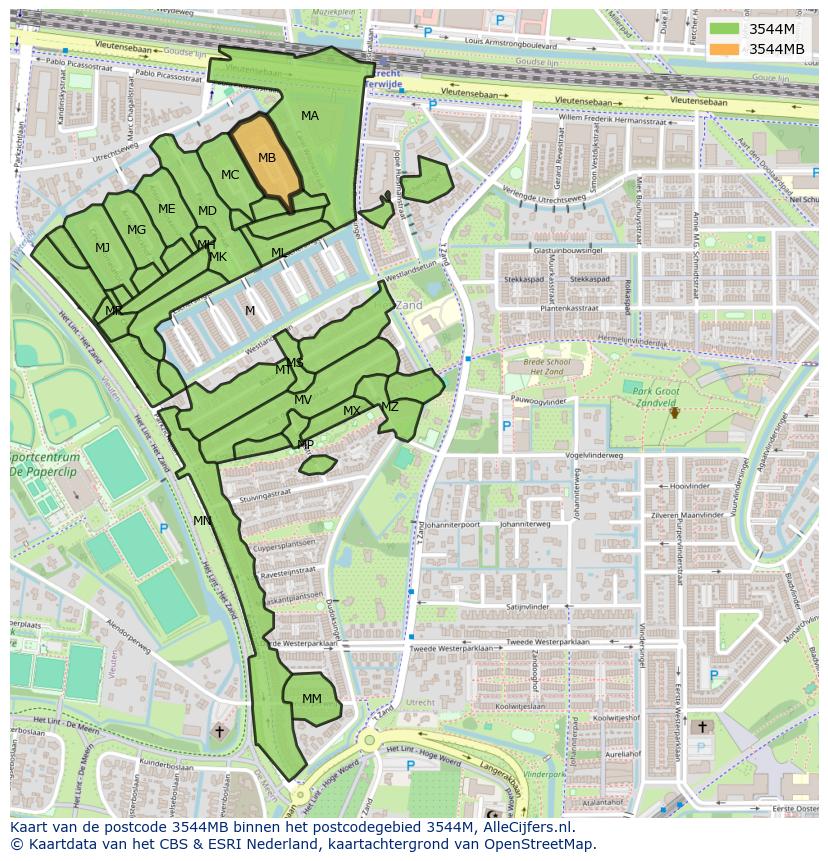 Afbeelding van het postcodegebied 3544 MB op de kaart.
