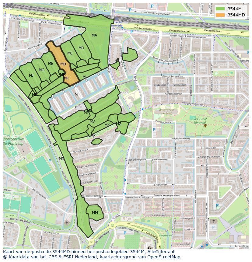 Afbeelding van het postcodegebied 3544 MD op de kaart.
