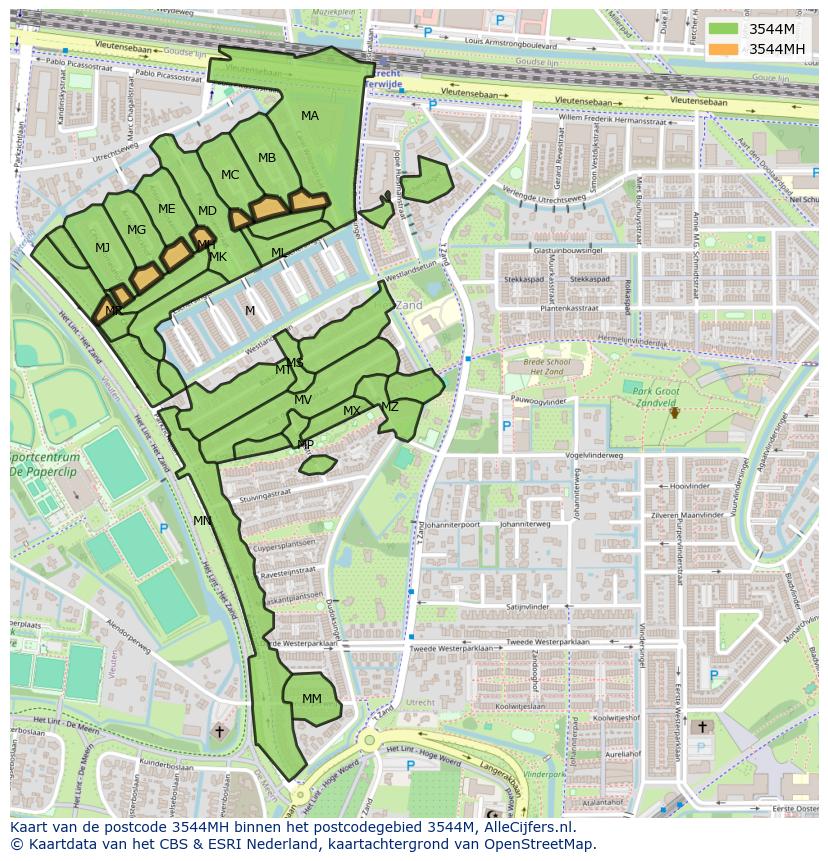 Afbeelding van het postcodegebied 3544 MH op de kaart.