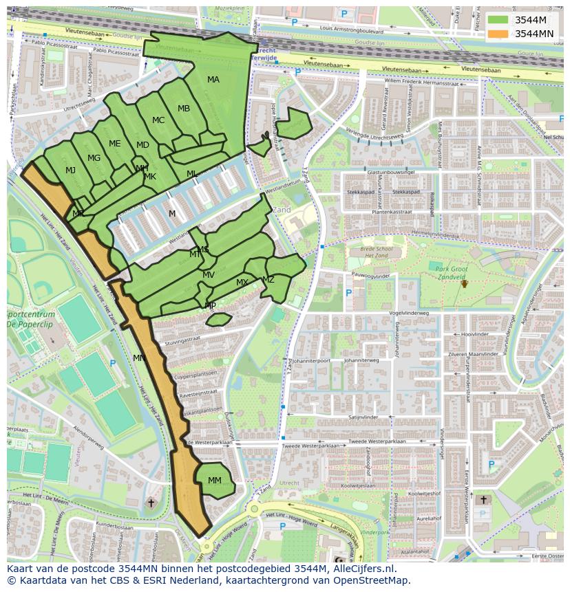 Afbeelding van het postcodegebied 3544 MN op de kaart.