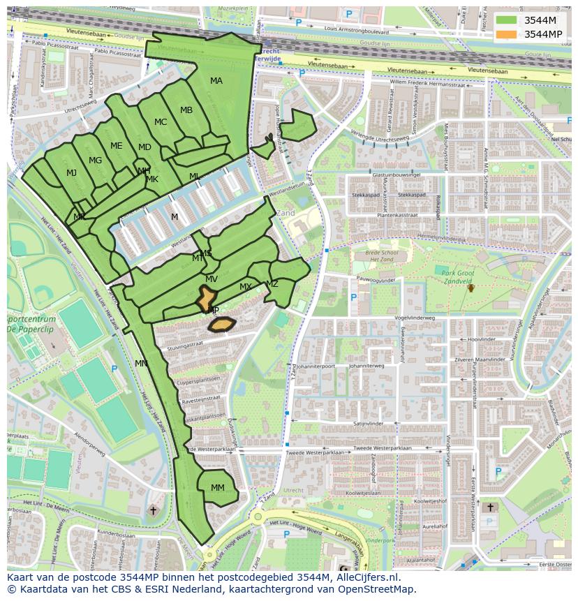 Afbeelding van het postcodegebied 3544 MP op de kaart.