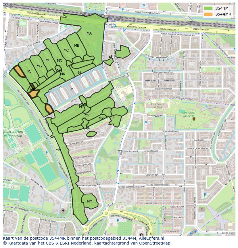 Afbeelding van het postcodegebied 3544 MR op de kaart.