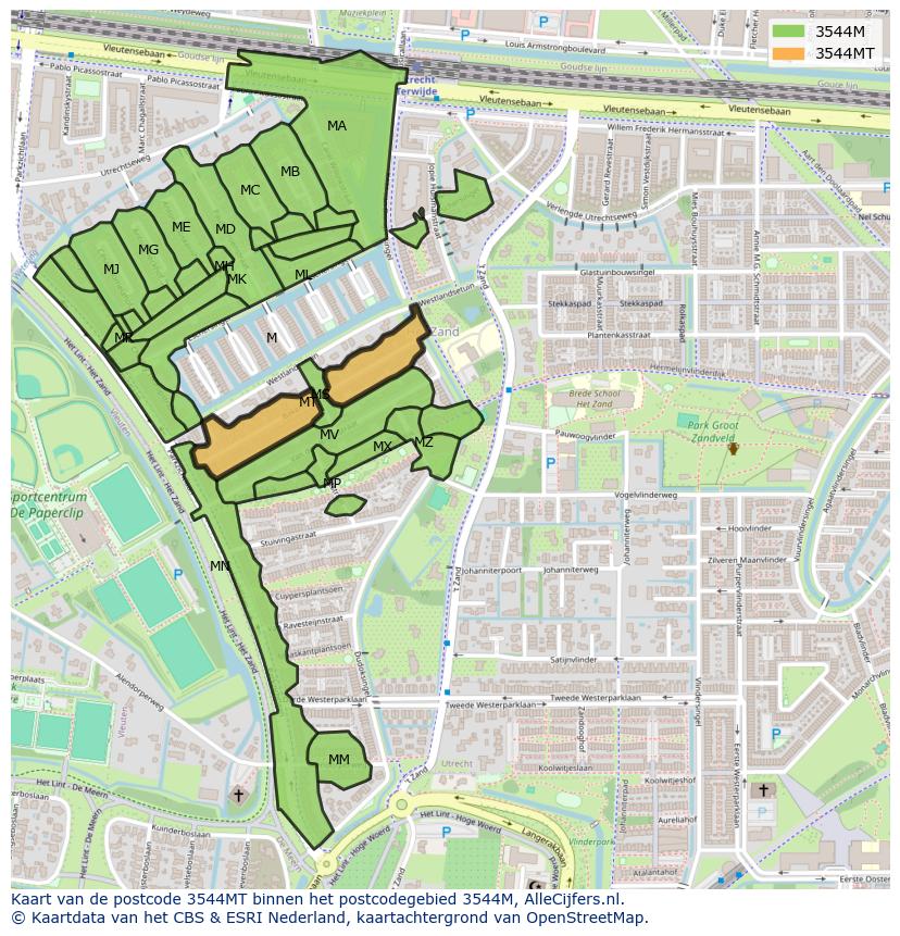 Afbeelding van het postcodegebied 3544 MT op de kaart.