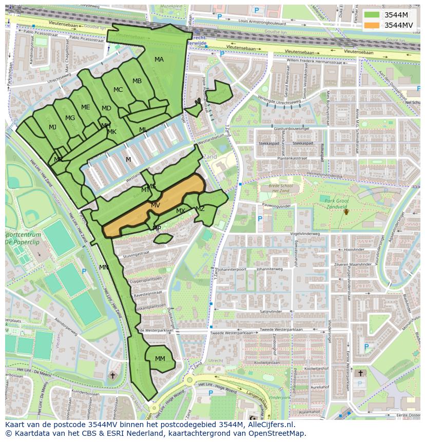 Afbeelding van het postcodegebied 3544 MV op de kaart.
