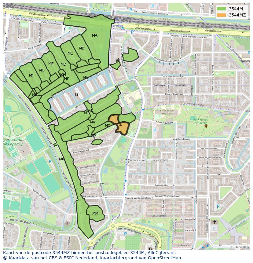 Afbeelding van het postcodegebied 3544 MZ op de kaart.