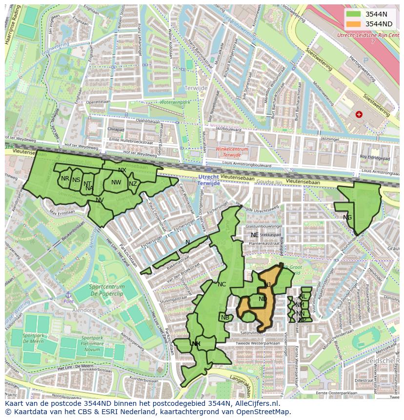 Afbeelding van het postcodegebied 3544 ND op de kaart.