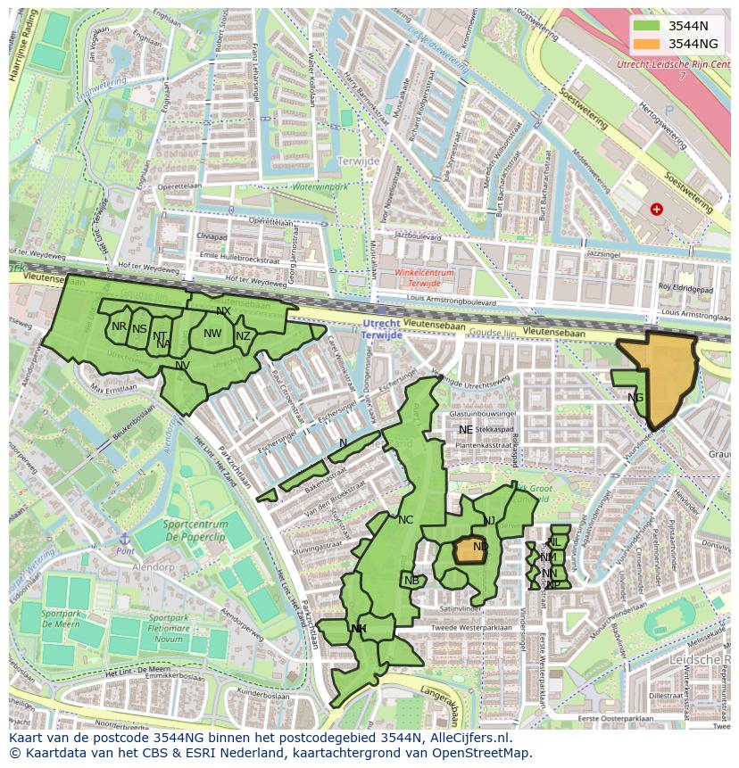 Afbeelding van het postcodegebied 3544 NG op de kaart.
