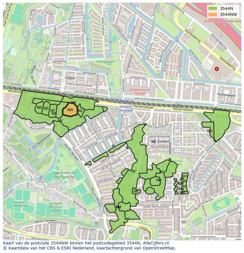 Afbeelding van het postcodegebied 3544 NW op de kaart.
