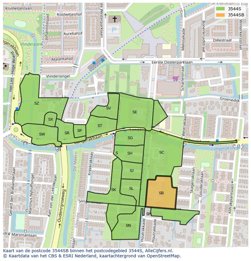 Afbeelding van het postcodegebied 3544 SB op de kaart.