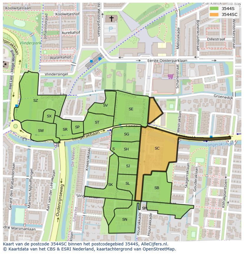 Afbeelding van het postcodegebied 3544 SC op de kaart.