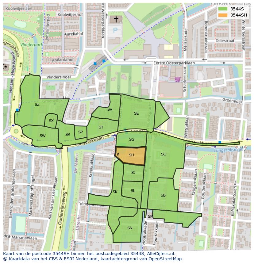 Afbeelding van het postcodegebied 3544 SH op de kaart.