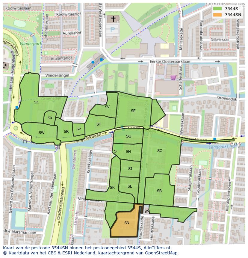 Afbeelding van het postcodegebied 3544 SN op de kaart.