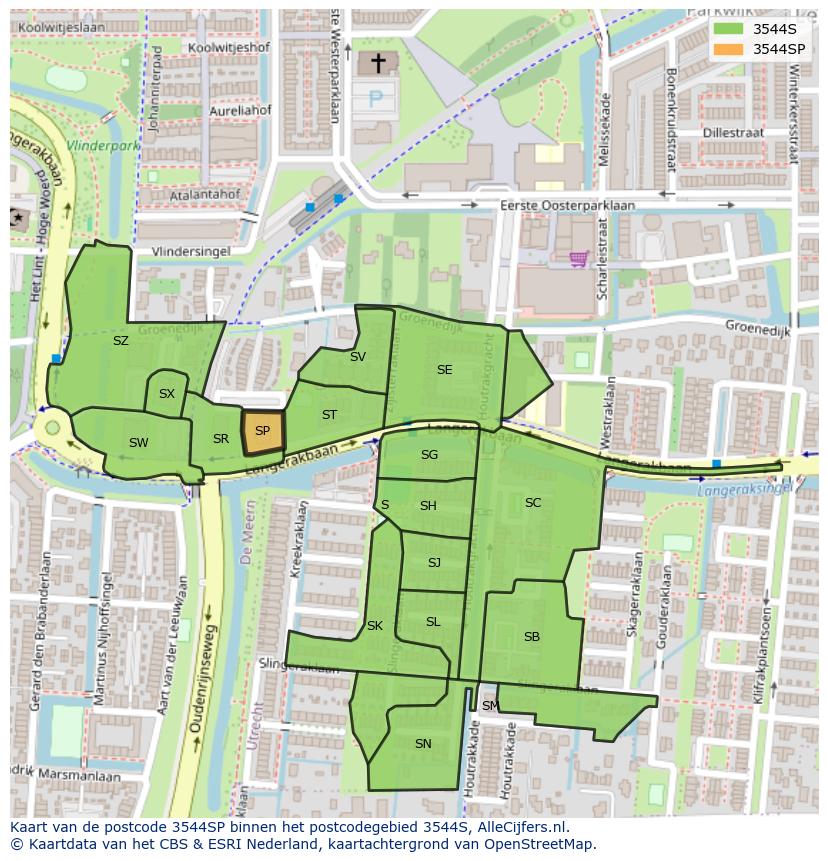Afbeelding van het postcodegebied 3544 SP op de kaart.