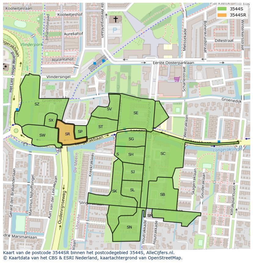Afbeelding van het postcodegebied 3544 SR op de kaart.