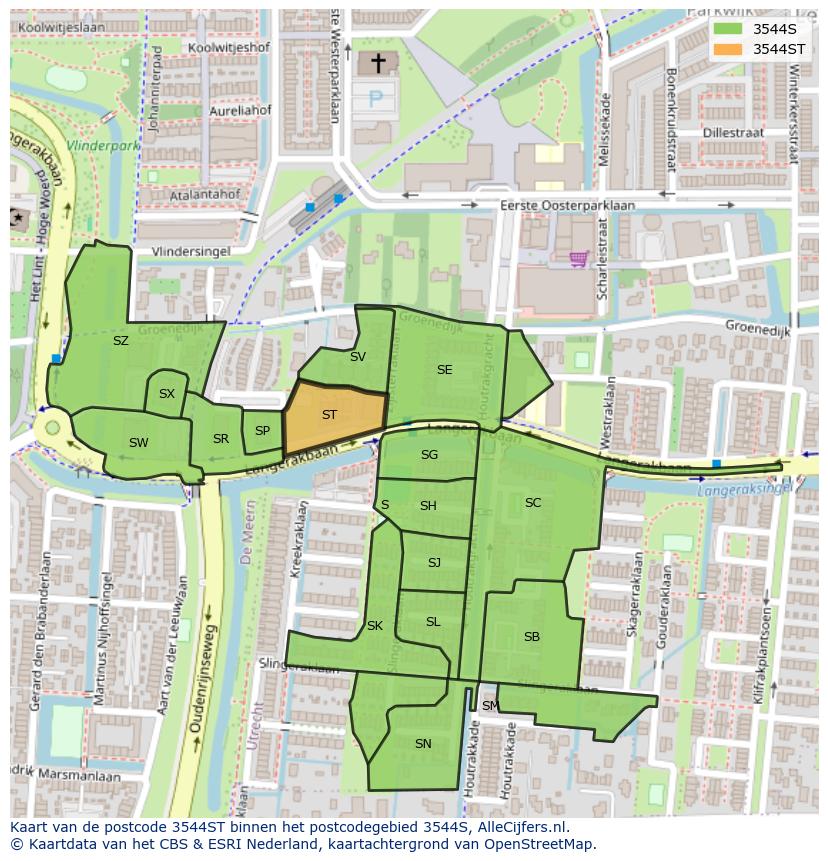 Afbeelding van het postcodegebied 3544 ST op de kaart.