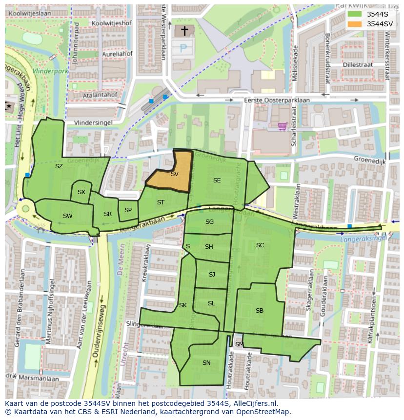 Afbeelding van het postcodegebied 3544 SV op de kaart.