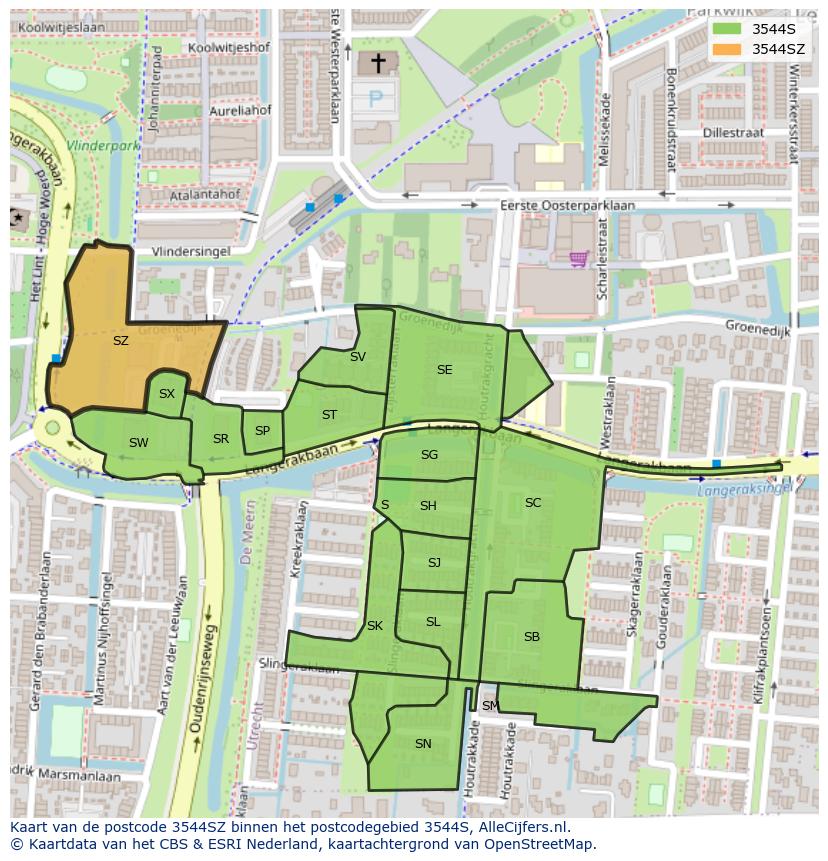 Afbeelding van het postcodegebied 3544 SZ op de kaart.