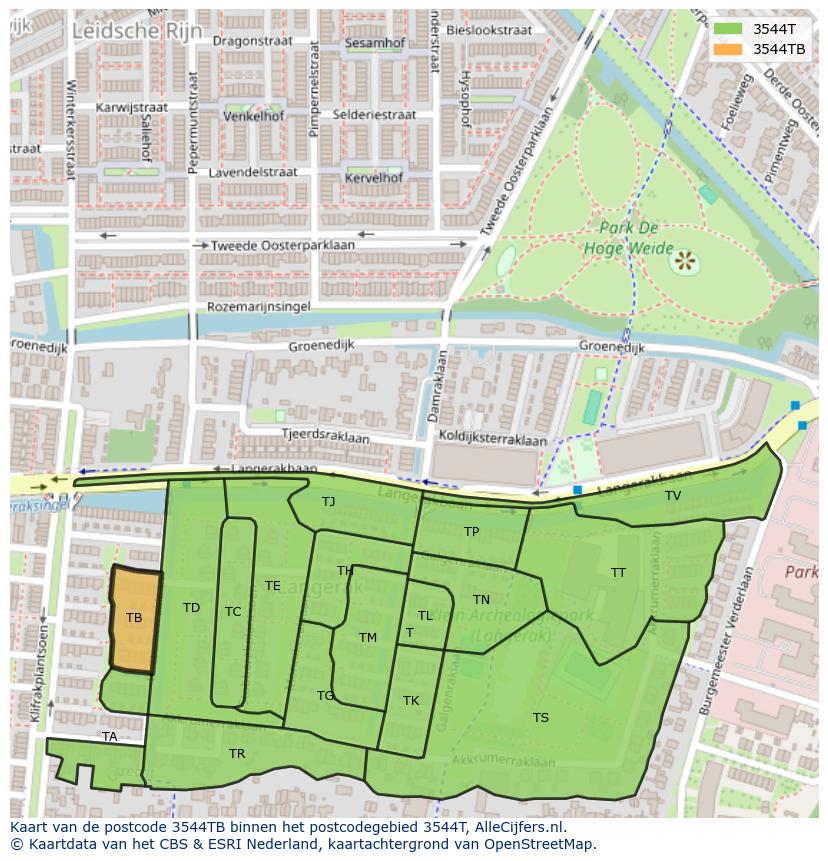 Afbeelding van het postcodegebied 3544 TB op de kaart.