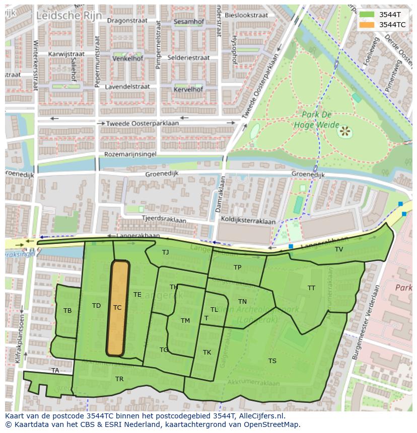 Afbeelding van het postcodegebied 3544 TC op de kaart.