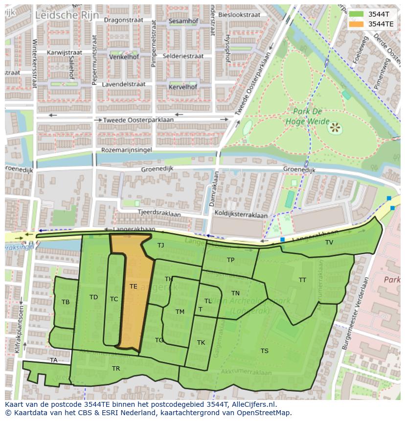 Afbeelding van het postcodegebied 3544 TE op de kaart.