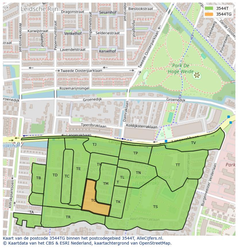 Afbeelding van het postcodegebied 3544 TG op de kaart.