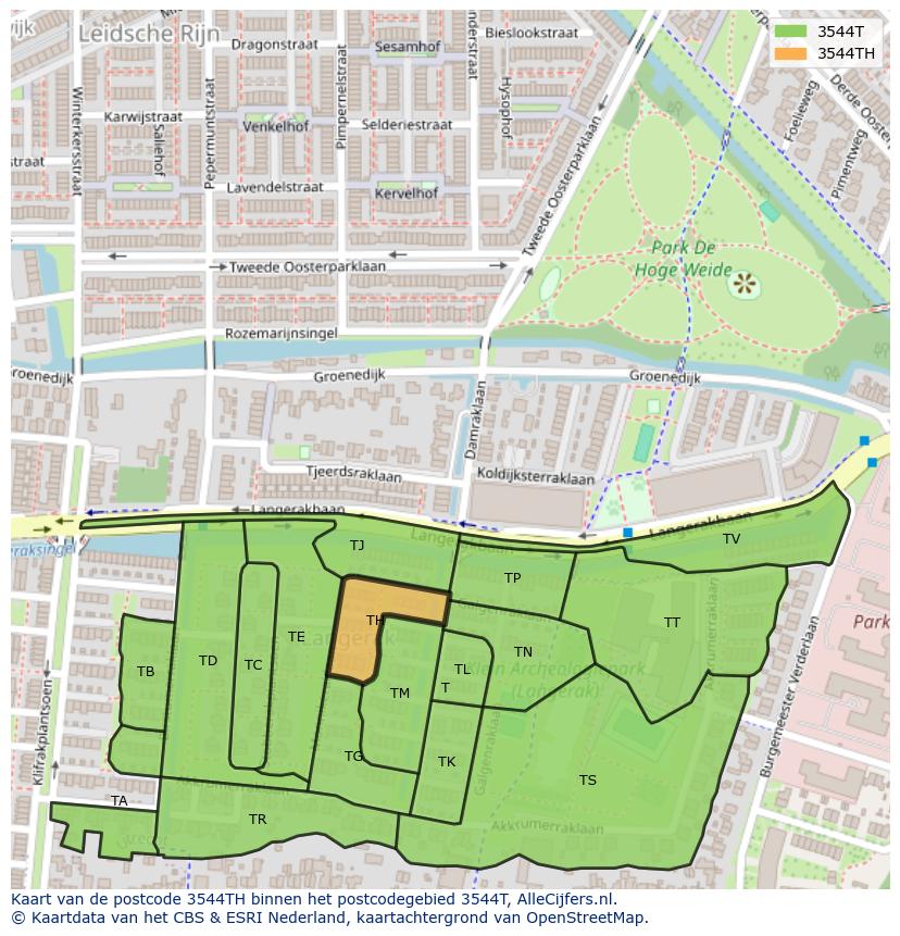 Afbeelding van het postcodegebied 3544 TH op de kaart.
