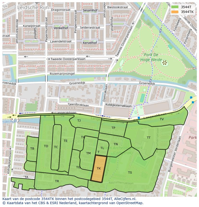 Afbeelding van het postcodegebied 3544 TK op de kaart.