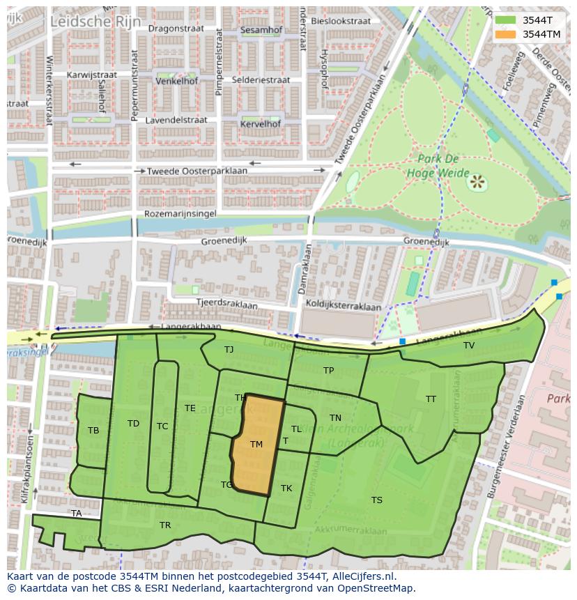 Afbeelding van het postcodegebied 3544 TM op de kaart.