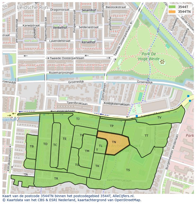 Afbeelding van het postcodegebied 3544 TN op de kaart.