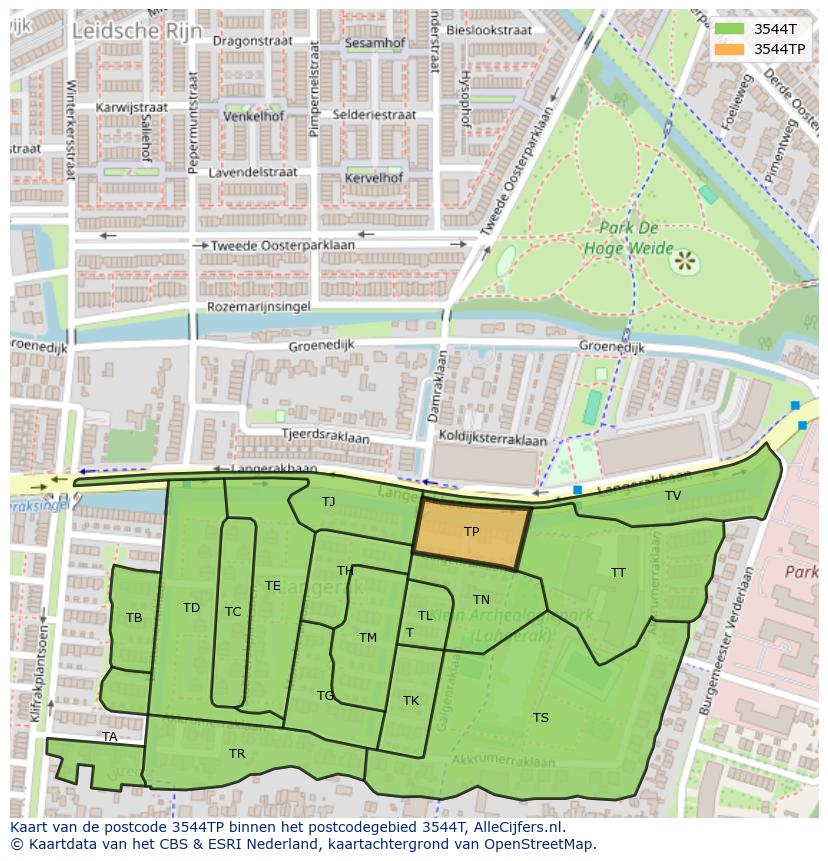 Afbeelding van het postcodegebied 3544 TP op de kaart.