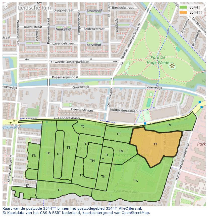 Afbeelding van het postcodegebied 3544 TT op de kaart.