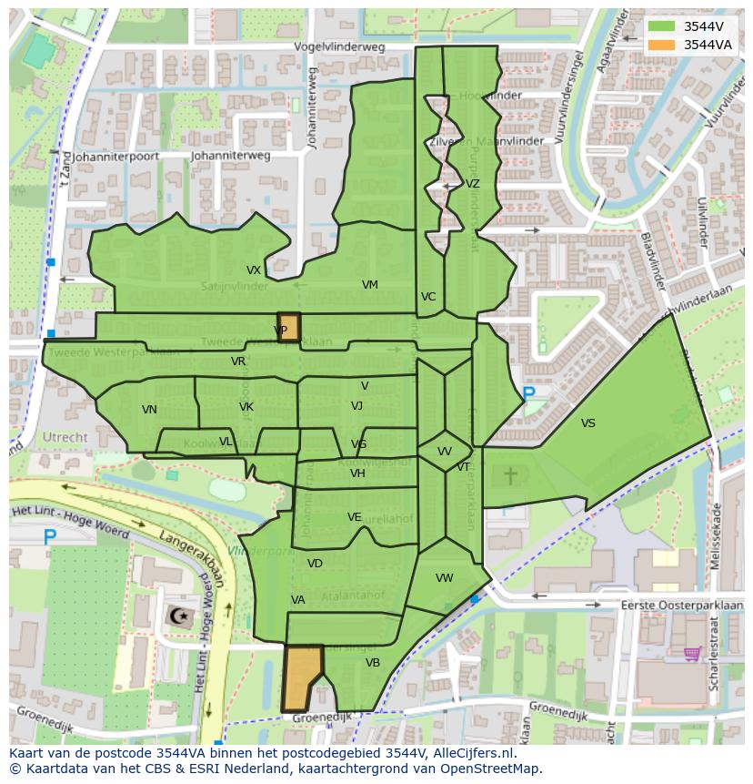 Afbeelding van het postcodegebied 3544 VA op de kaart.