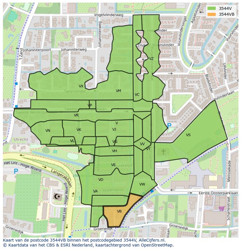 Afbeelding van het postcodegebied 3544 VB op de kaart.