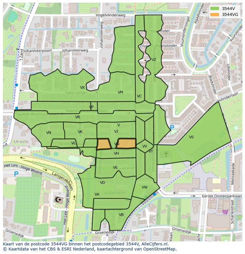 Afbeelding van het postcodegebied 3544 VG op de kaart.