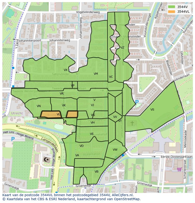 Afbeelding van het postcodegebied 3544 VL op de kaart.