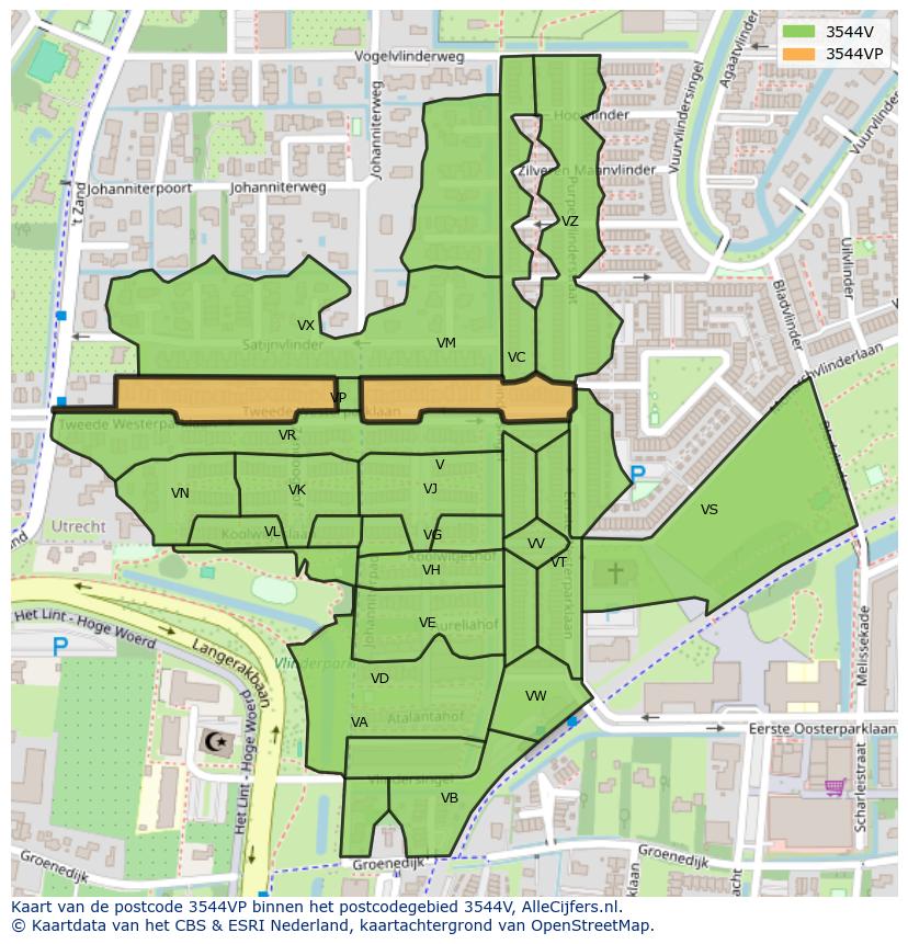 Afbeelding van het postcodegebied 3544 VP op de kaart.