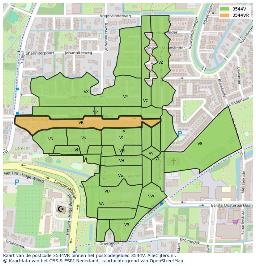 Afbeelding van het postcodegebied 3544 VR op de kaart.