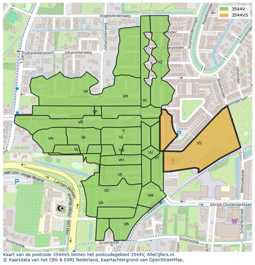Afbeelding van het postcodegebied 3544 VS op de kaart.
