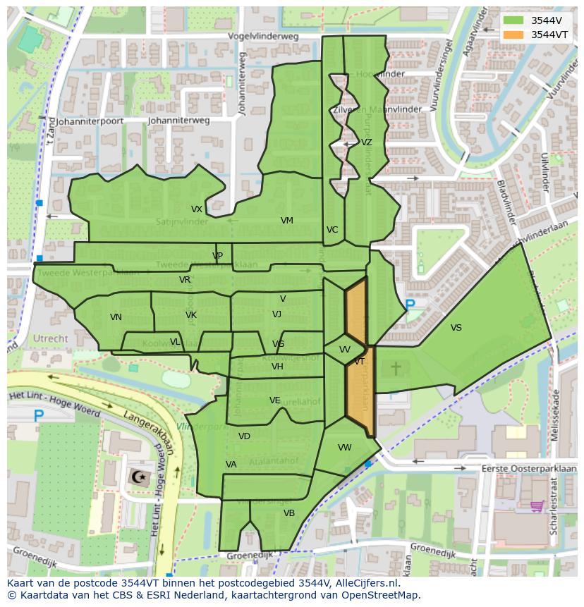 Afbeelding van het postcodegebied 3544 VT op de kaart.