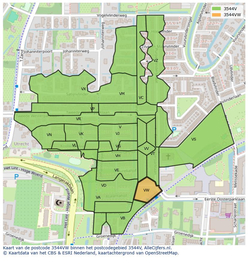 Afbeelding van het postcodegebied 3544 VW op de kaart.