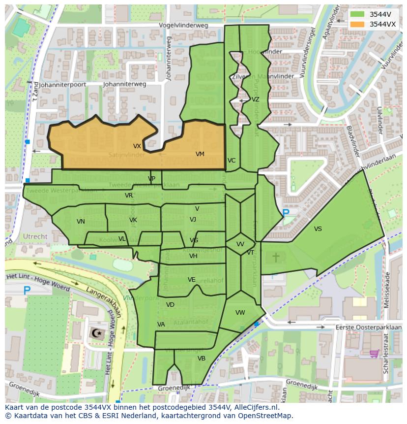 Afbeelding van het postcodegebied 3544 VX op de kaart.