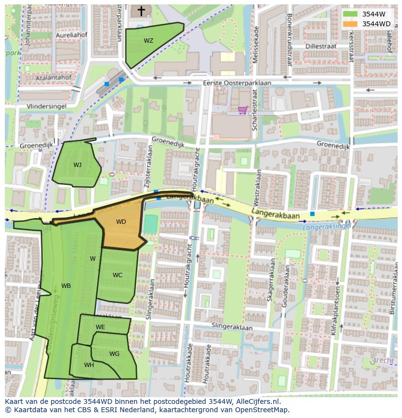 Afbeelding van het postcodegebied 3544 WD op de kaart.