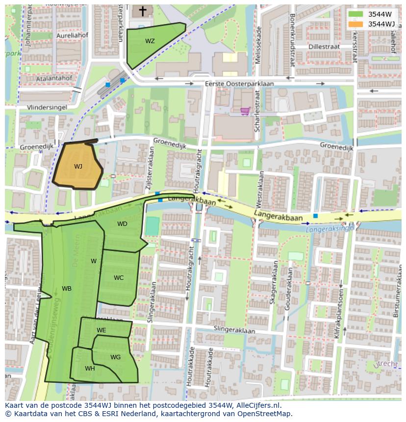 Afbeelding van het postcodegebied 3544 WJ op de kaart.