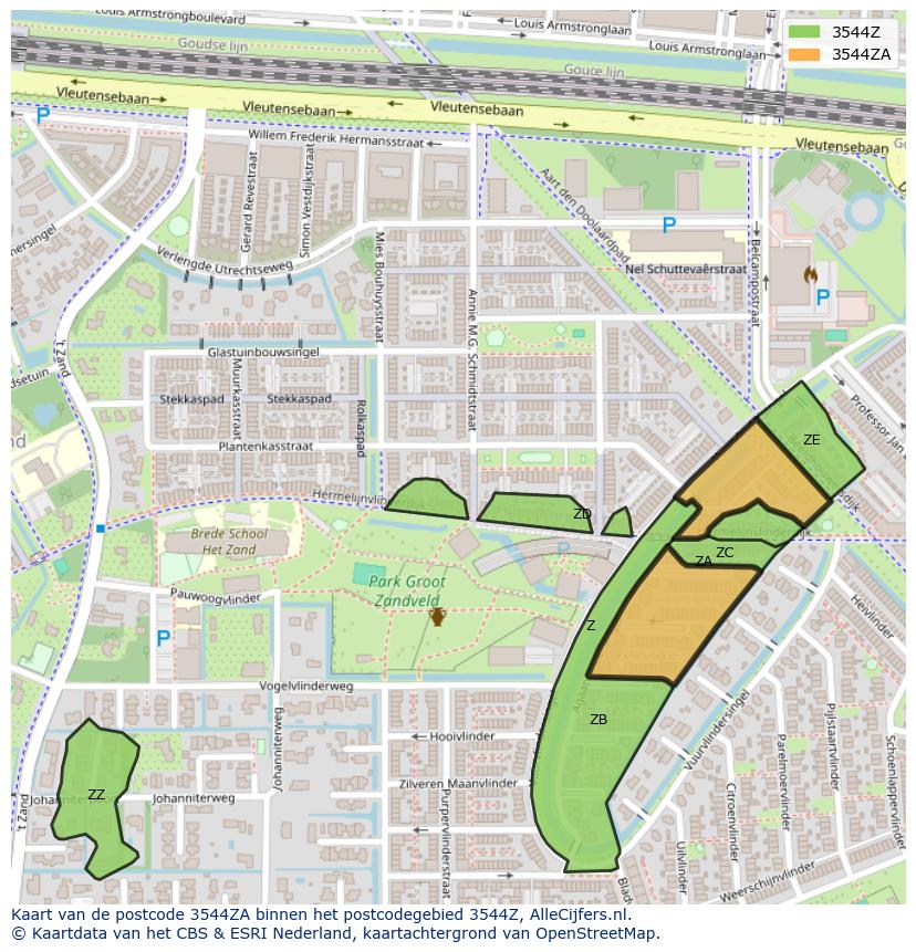 Afbeelding van het postcodegebied 3544 ZA op de kaart.