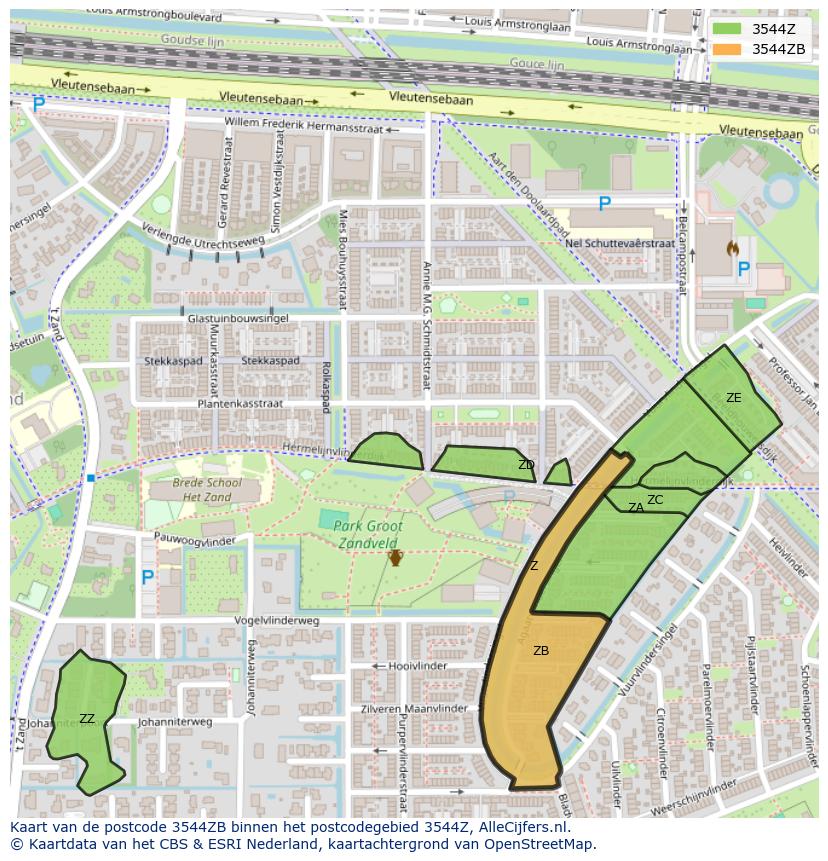 Afbeelding van het postcodegebied 3544 ZB op de kaart.