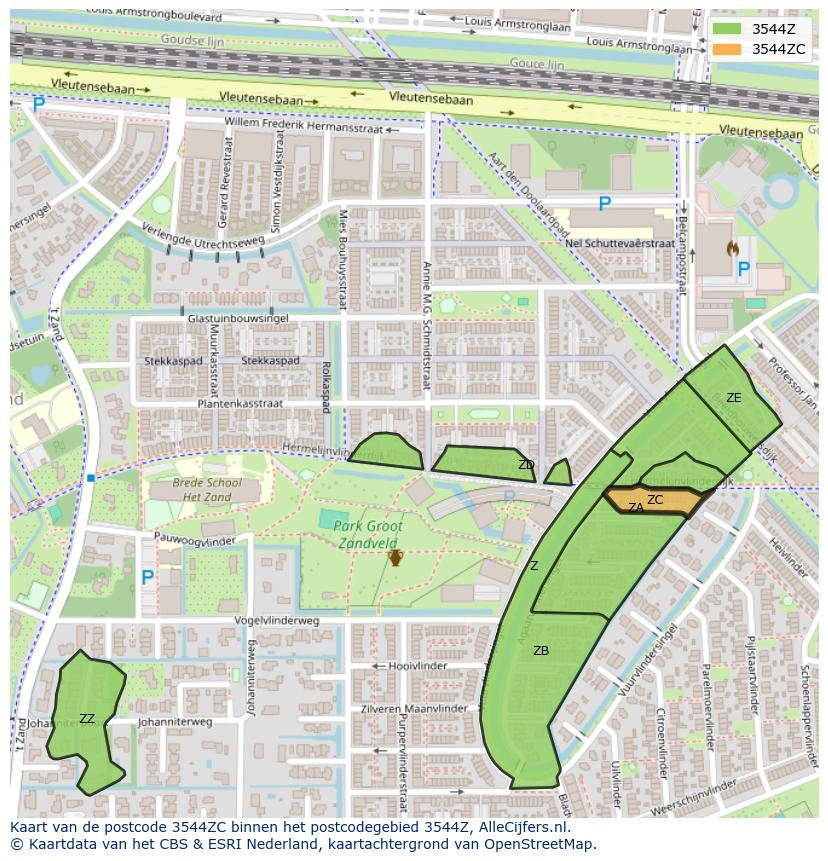 Afbeelding van het postcodegebied 3544 ZC op de kaart.