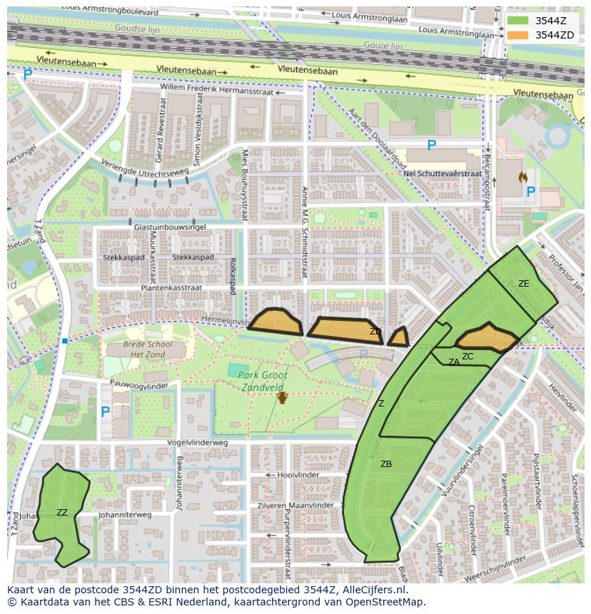 Afbeelding van het postcodegebied 3544 ZD op de kaart.